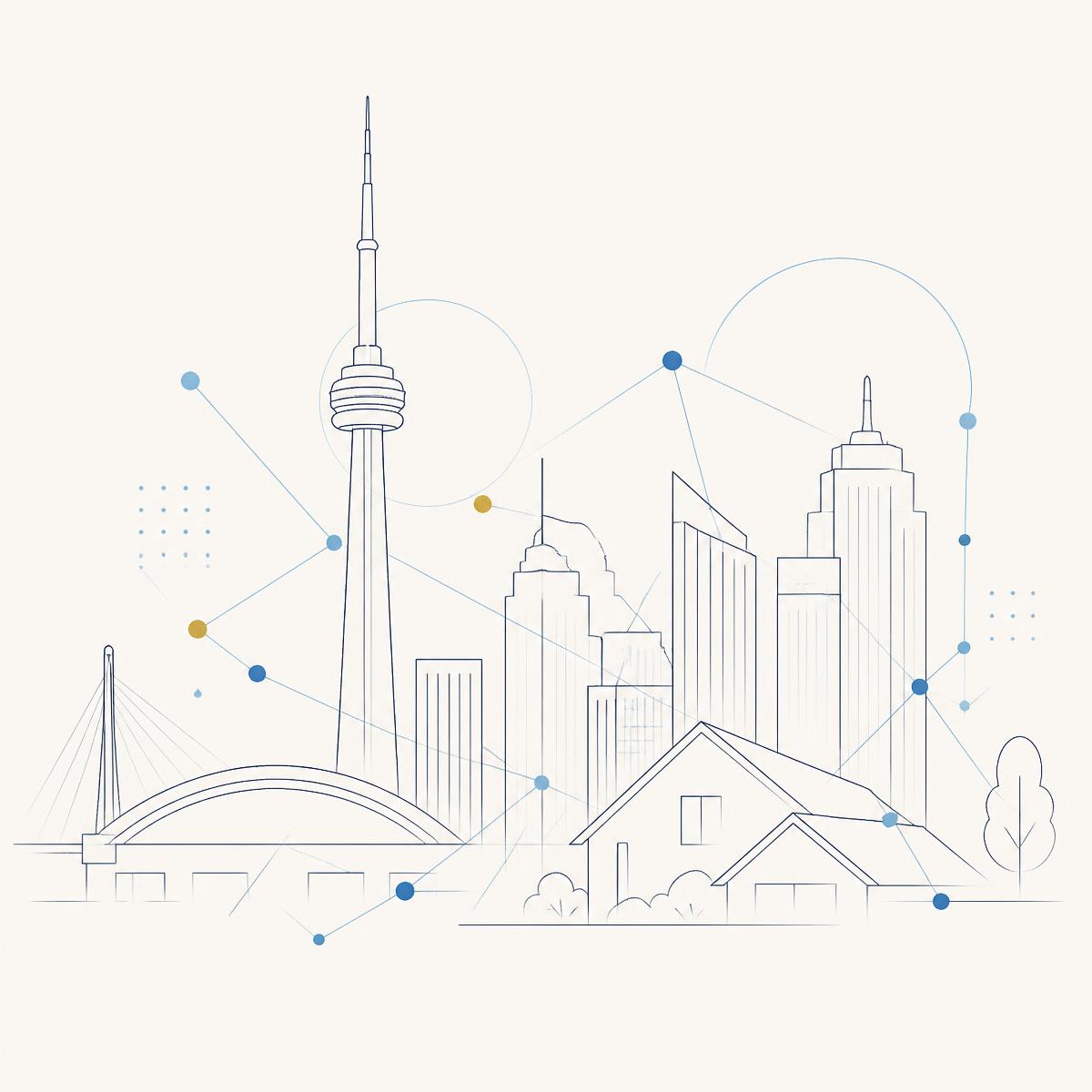 Thin-line illustration of Canadian city buildings and a house connected by data nodes